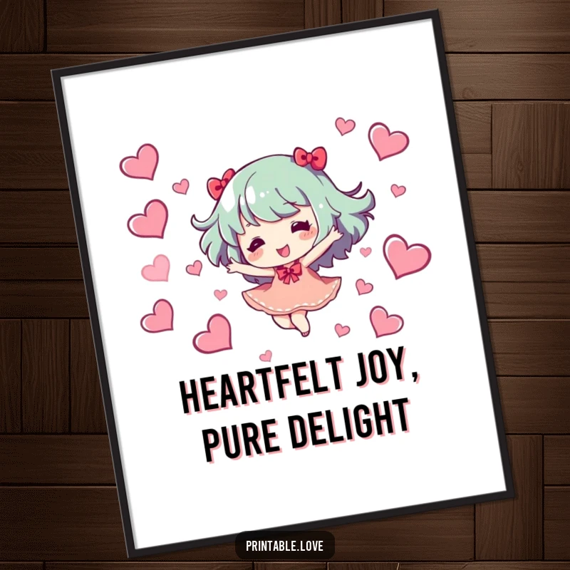 Funny free printable wall art of a character joyfully dancing amidst a flurry of loving hearts, radiating happiness.