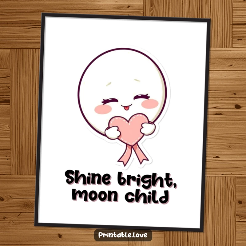 Funny Free Printable Wall Art: Mischievous kawaii moon winking, holding a heart-shaped ribbon, adds playful decor.