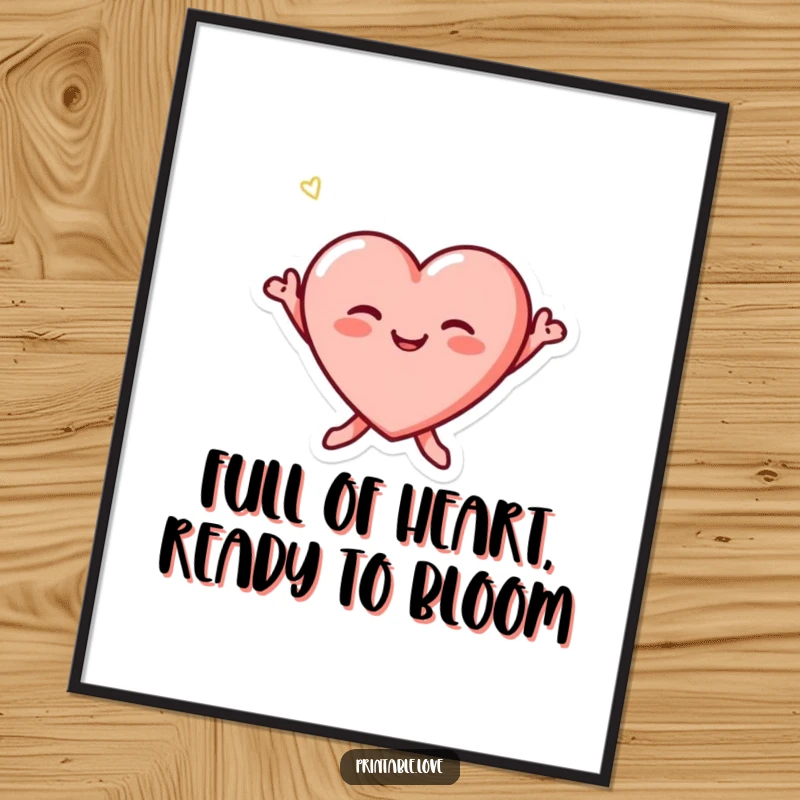Funny Free Printable Wall Art of a tiny heart character with blushing cheeks jumping joyfully, bringing cheerful vibes to any room.