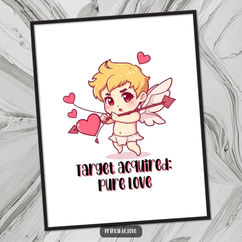 Funny Free Printable Wall Art: A determined Cupid character shoots an arrow made of hearts, symbolizing love and passion.