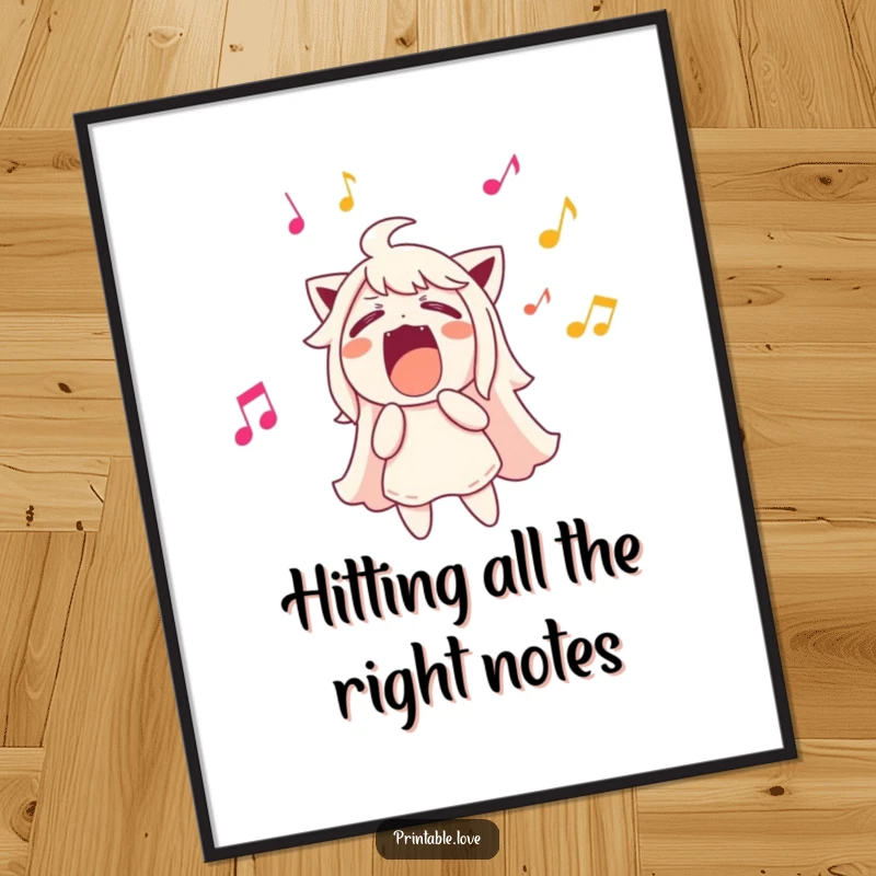 Funny Free Printable Wall Art featuring a character singing loudly with musical notes flying out, a humorous downloadable decor.