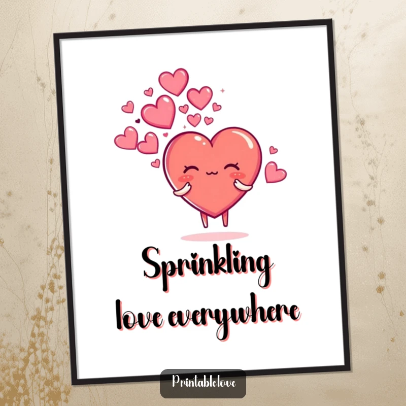 Funny Free Printable Wall Art: A charming heart character exhaling a voluminous cloud of shimmering, sparkly hearts.