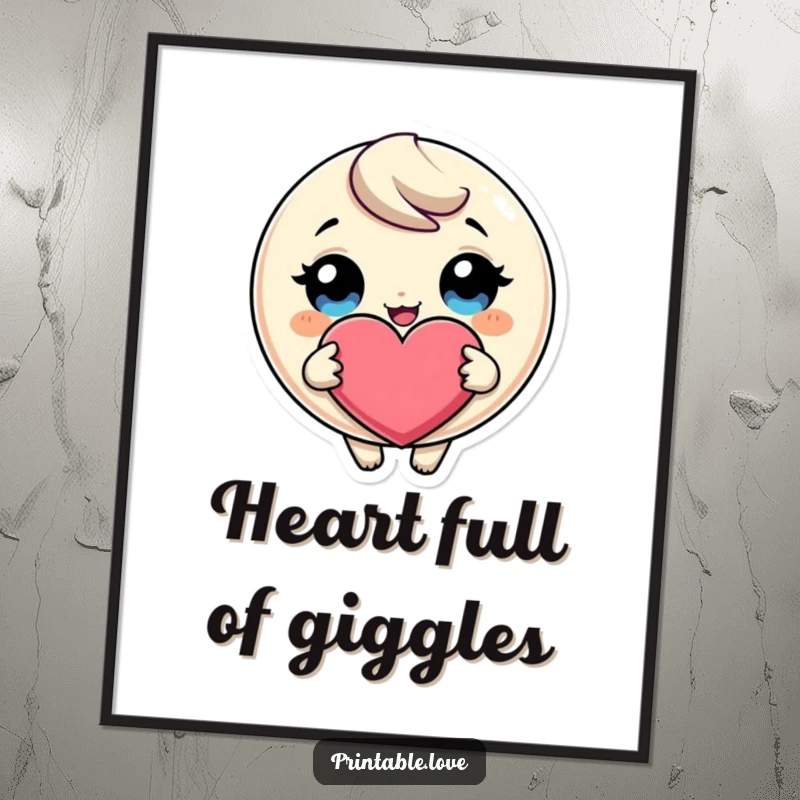 Funny Free Printable Giggling Heart Character Wall Art with huge eyes, holding a giant heart, radiating love and happiness.
