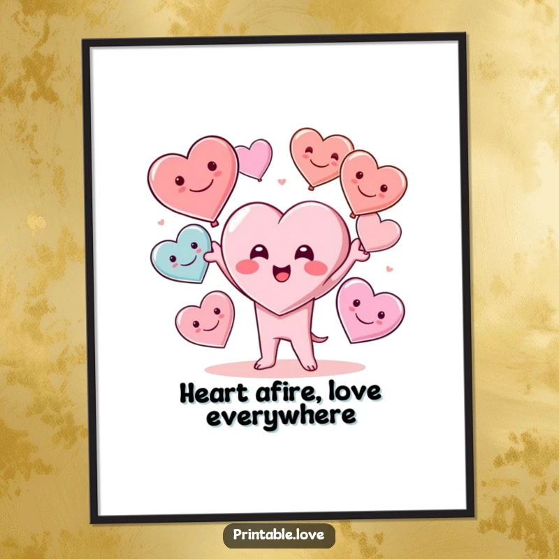 Funny Free Printable Kawaii Heart Wall Art, cute heart character juggling multiple smiling hearts, perfect for joyful decor.