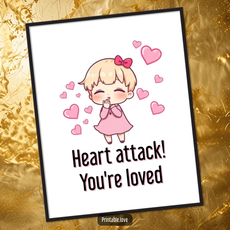 Funny Free Printable Wall Art of a character blowing kisses surrounded by a trail of floating hearts, adding playful decor.