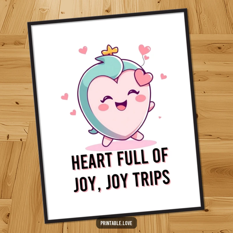 Funny Free Printable Wall Art: A small, kawaii heart character gleefully tripping, adding a touch of playful joy.