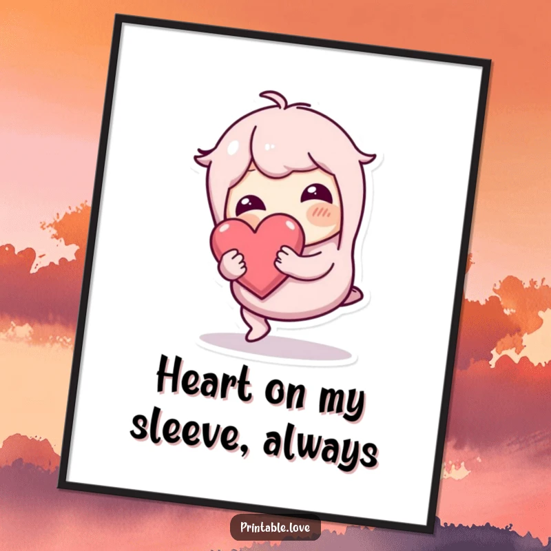 Funny Free Printable Wall Art: Wobbly character tripping but securely holding a heart, showcasing resilience and charm.