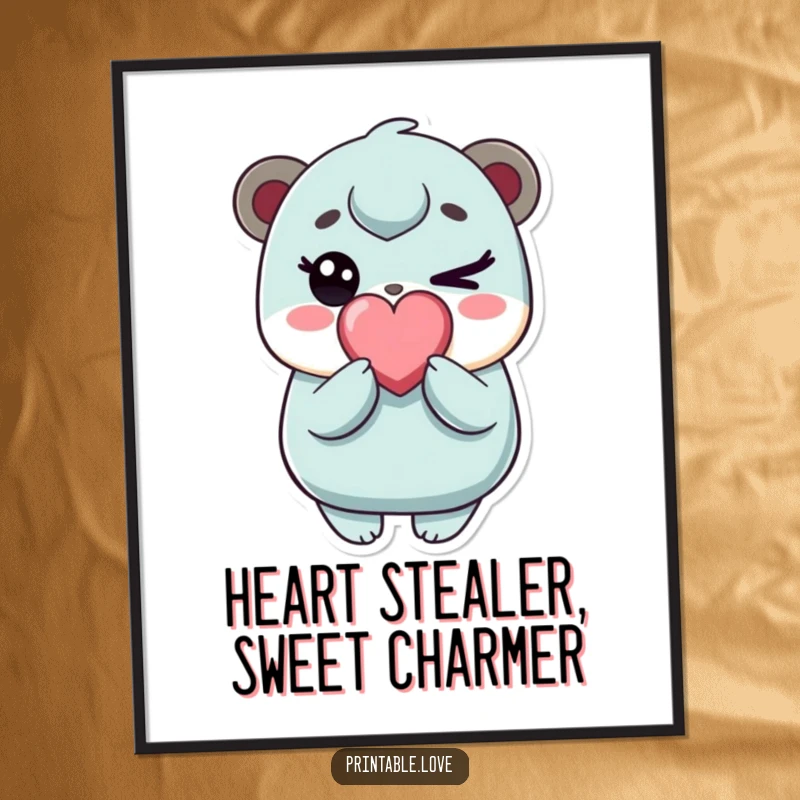 Funny Free Printable Wall Art: A kawaii character playfully winking, holding a heart candy, adding charm to any room.
