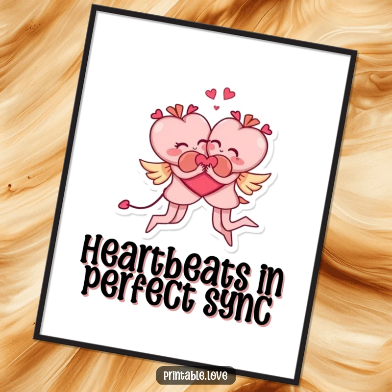 Funny Free Printable Wall Art: Two heart characters engaged in a comical, acrobatic embrace, adding charm to any room.