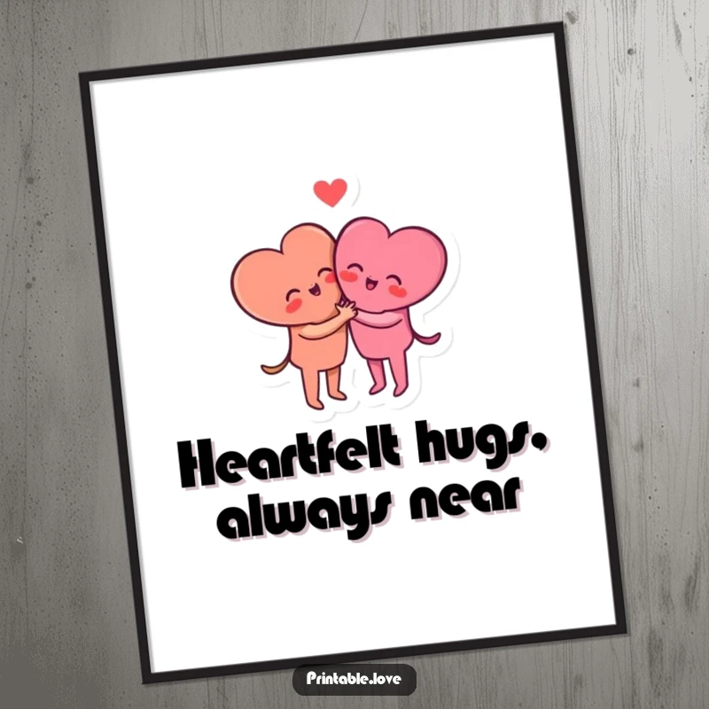 Funny Free Printable Wall Art showing two small heart characters embracing in a happy hug, radiating love and warmth for any room.