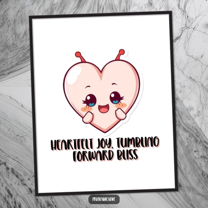 Funny Free Printable Wall Art: A heart character tumbling forward with wide, delighted eyes, radiating pure happiness.