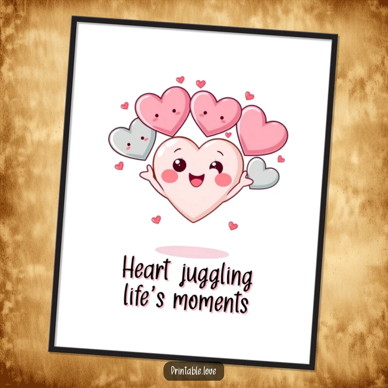 Funny Free Printable Wall Art: A kawaii heart character happily juggling oversized, smiling hearts, radiating pure joy.