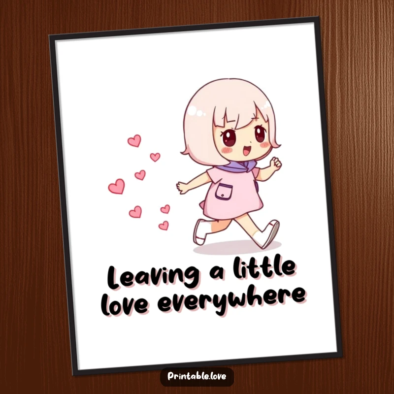 Funny Free Printable wall art: A character confidently striding forward, their path marked by a vibrant, trailing line of mini hearts.