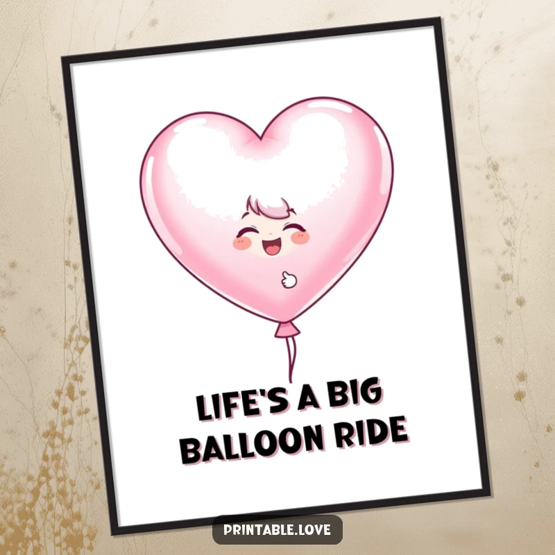 Funny Free Printable Balloon Wall Art: A giggling character playfully peeks out from behind a massive, heart-shaped balloon.