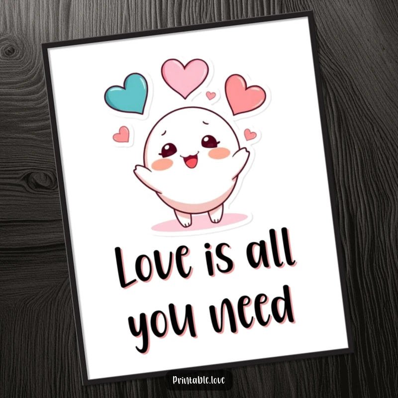 Funny Free Printable Juggling Hearts Wall Art: A round, blushing character skillfully juggles three bright, colorful hearts.