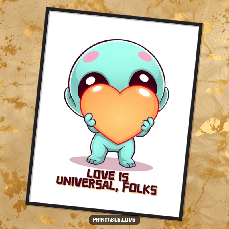 Funny Free Printable Alien Wall Art showing a kawaii alien character enthusiastically offering a large, glowing heart to the viewer, perfect for decor.