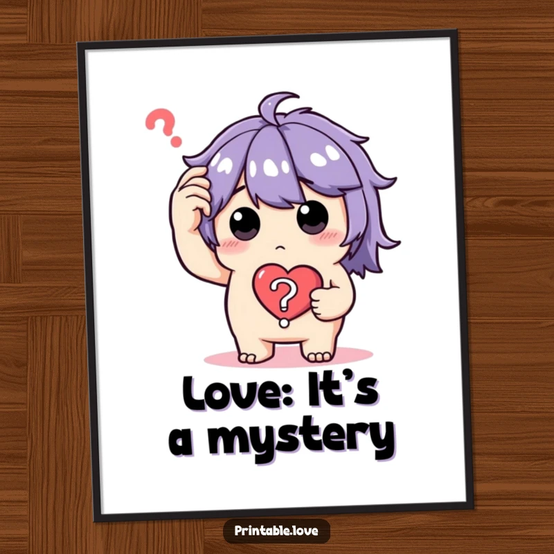 Funny Free Printable Wall Art of a perplexed character scratching their head, holding a heart question mark, questioning everything.