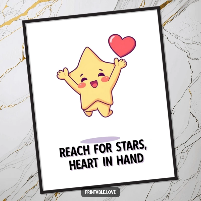 Funny Free Printable Kawaii Star Wall Art, star character doing a dramatic joyful leap holding a heart, perfect for inspiring decor.