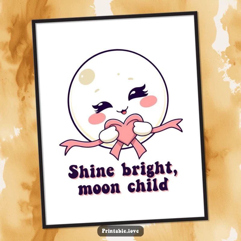 Funny Free Printable Wall Art of a mischievous kawaii moon character winking and holding a heart-shaped ribbon.