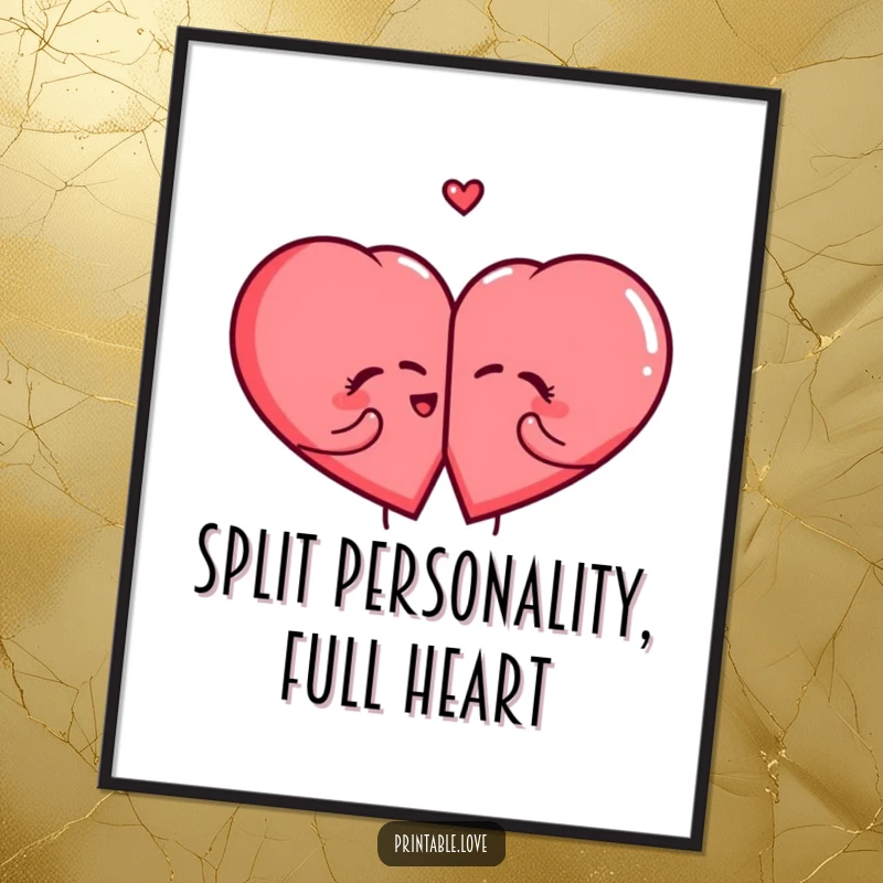 Funny Free Printable Wall Art: Two cartoon hearts shown splitting in half and giggling, adding humor to any room.
