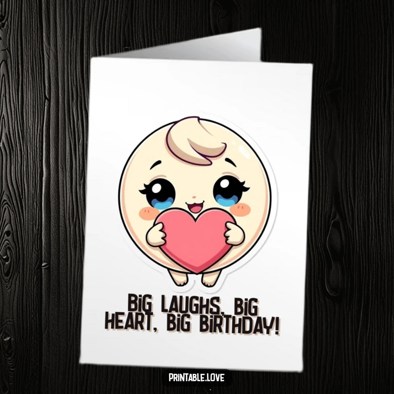 Funny Free Printable Giggling Heart Character Birthday Card with huge eyes, holding a giant heart, spreading joy and laughter.