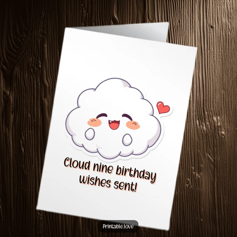 Funny Free Printable Birthday Card featuring a kawaii cloud character giggling with a happy heart floating nearby.