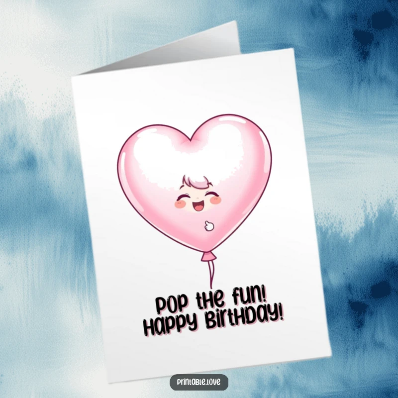 Funny Free Printable Balloon Birthday Card: A giggling character peeks playfully from behind a giant heart balloon for a birthday.