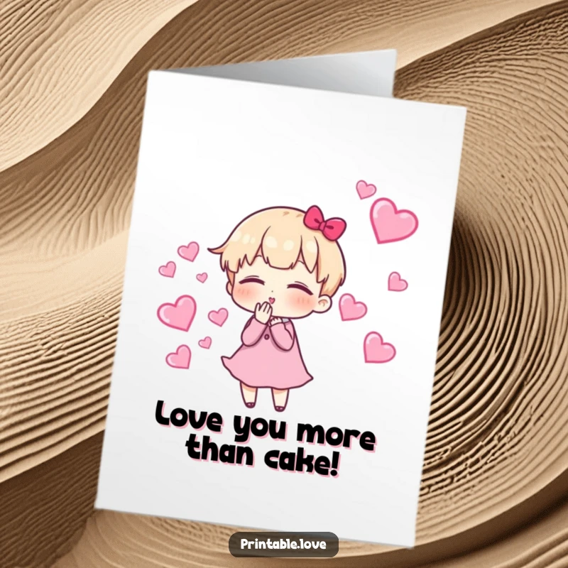 Funny Free Printable Birthday Card featuring a character blowing kisses with a trail of floating hearts, perfect for expressing love.