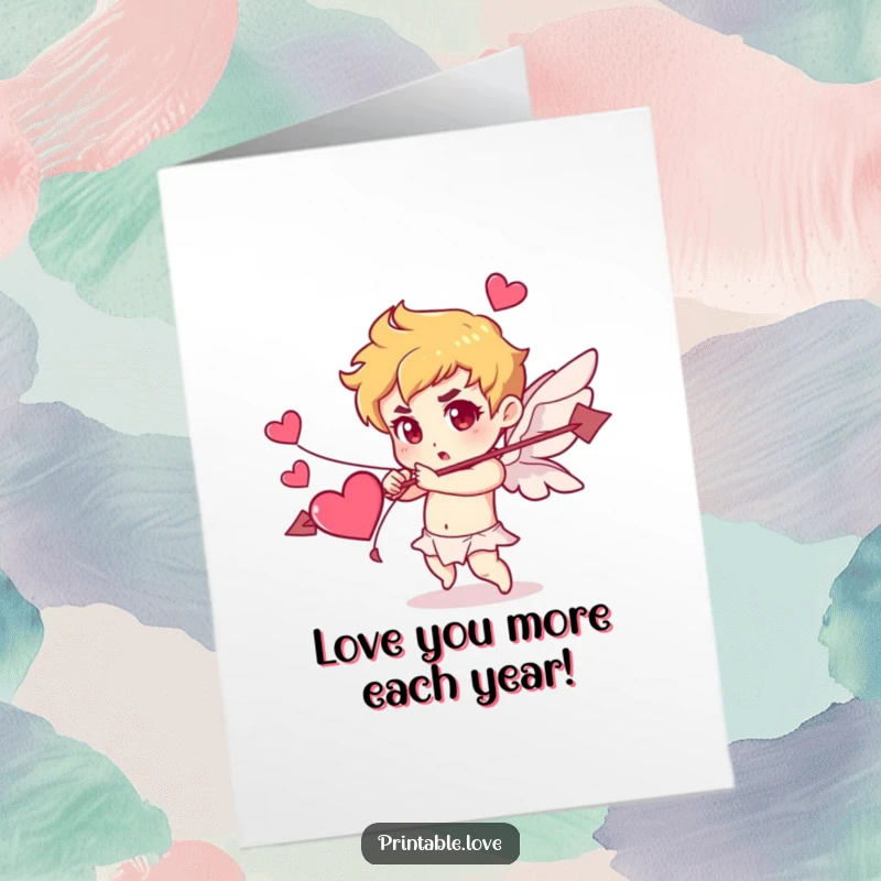 Funny Free Printable Birthday Card: A determined Cupid shoots a heart arrow, aiming love and laughter, perfect for a humorous greeting.