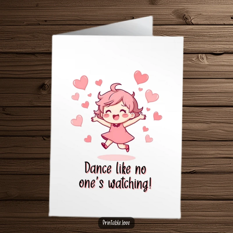 Funny Free Printable Birthday Card: Joyful character dancing ecstatically with hearts floating around.