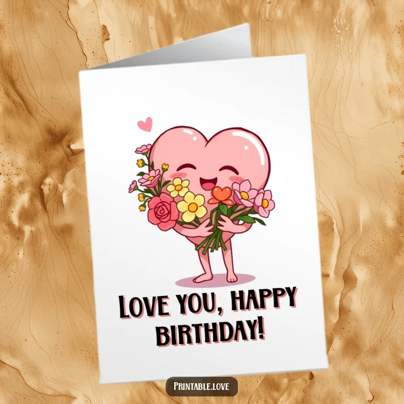 Free Printable Birthday Card featuring a giggling heart character holding a bouquet of flowers, spreading birthday cheer with a smile.