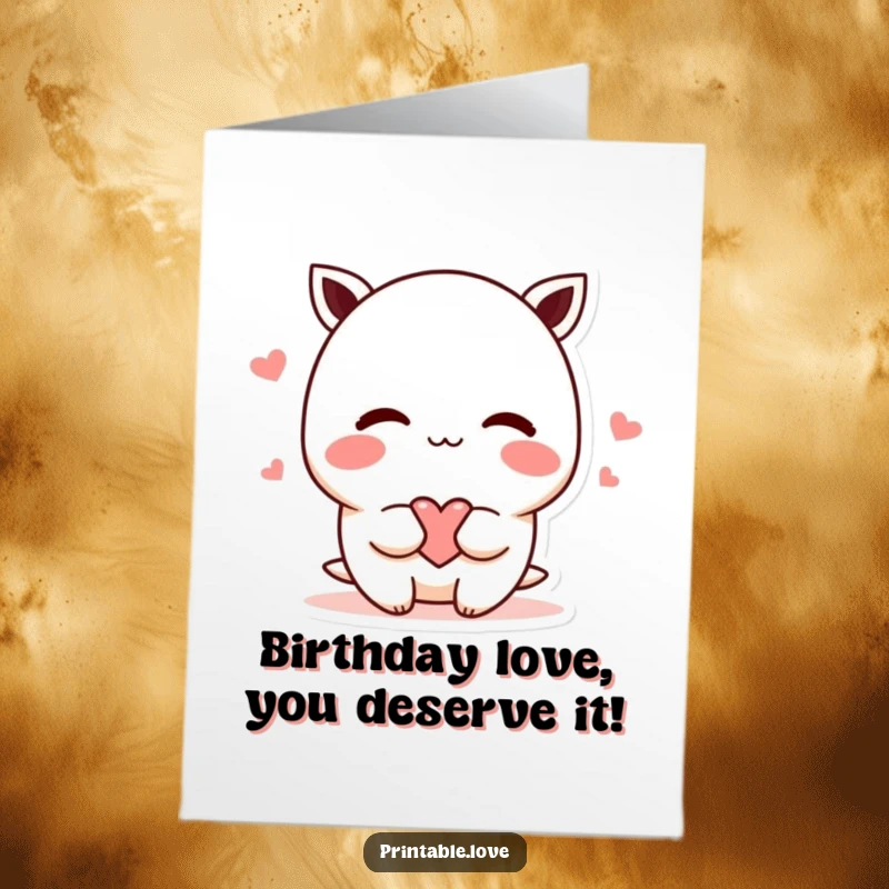 Funny Free Printable Birthday Card: Kawaii character blushing, shyly offering a heart, perfect for a sweet birthday.