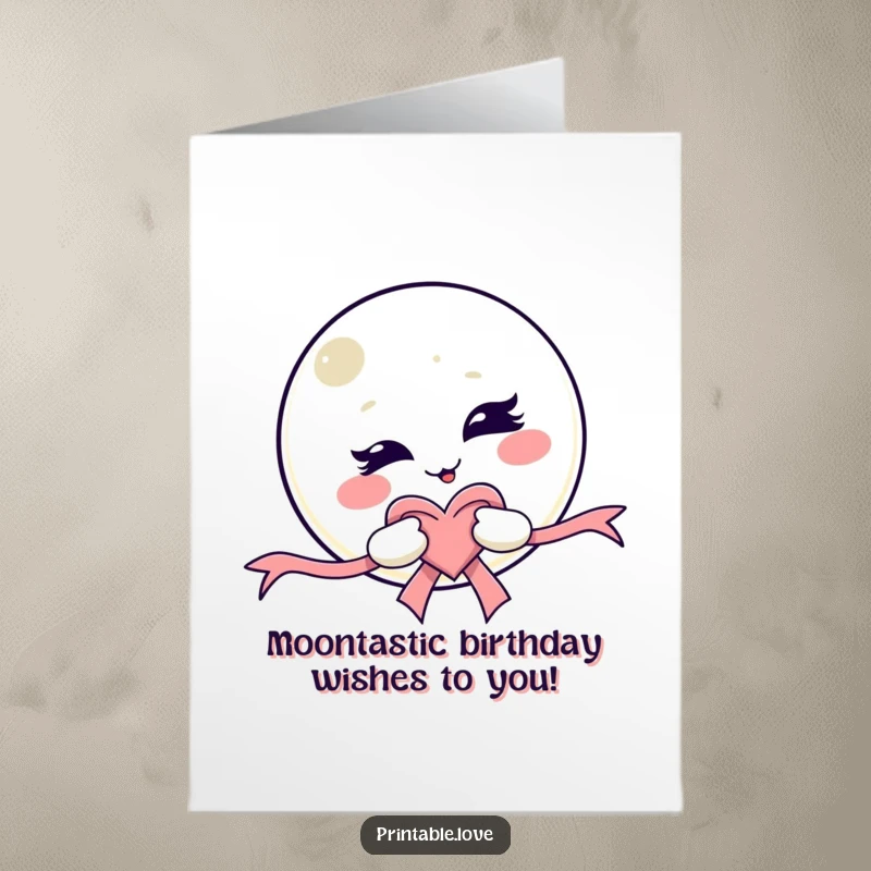 Funny Free Printable Birthday Card featuring a mischievous winking kawaii moon holding a heart-shaped ribbon.