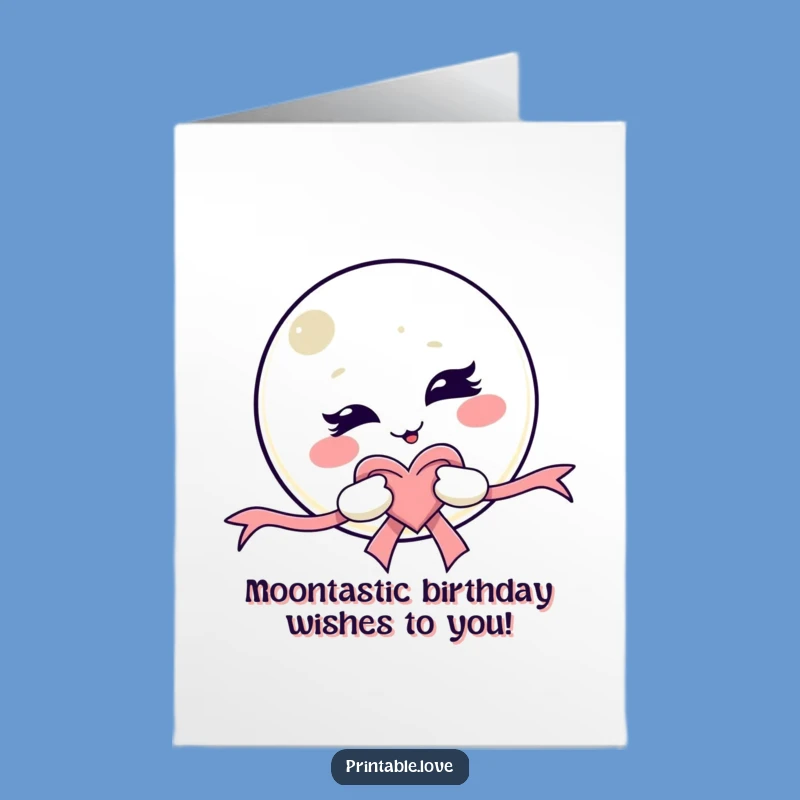 Free Printable Birthday Card: Winking Moon, Playful Kawaii Design, Funny Downloadable Gift!