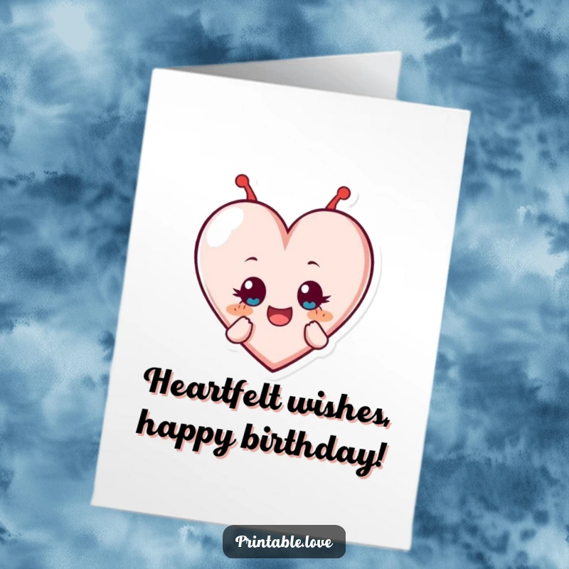 Funny Free Printable Birthday Card: A heart character tumbling forward with wide eyes, full of pure birthday delight.