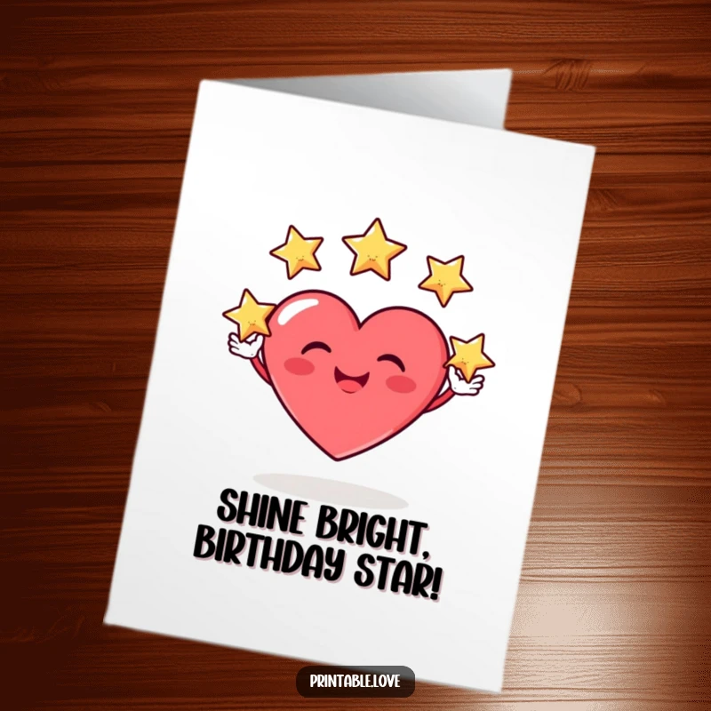 Funny Free Printable Birthday Card: A heart character with a silly grin juggling three tiny stars, celebrating with cosmic flair.