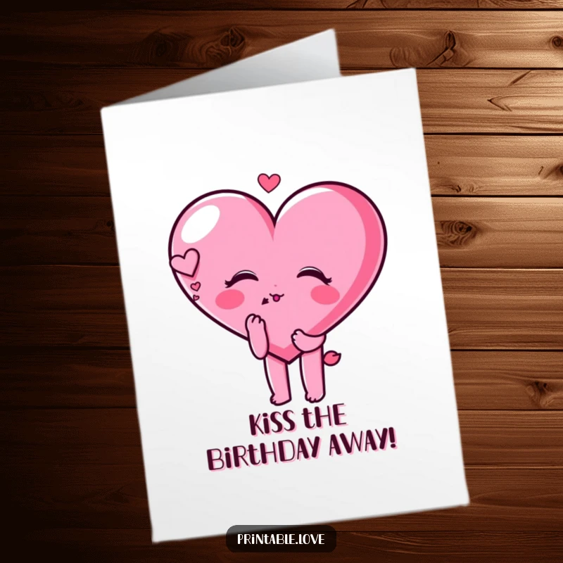 Funny Free Printable birthday card: A heart character blows a kiss with a dreamy expression, sending loving birthday wishes.