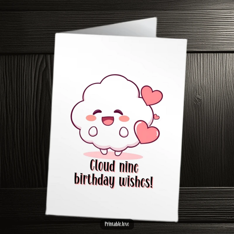 Funny Free Printable Birthday Card: A kawaii cloud character giggling with a heart floating nearby, spreading birthday cheer.