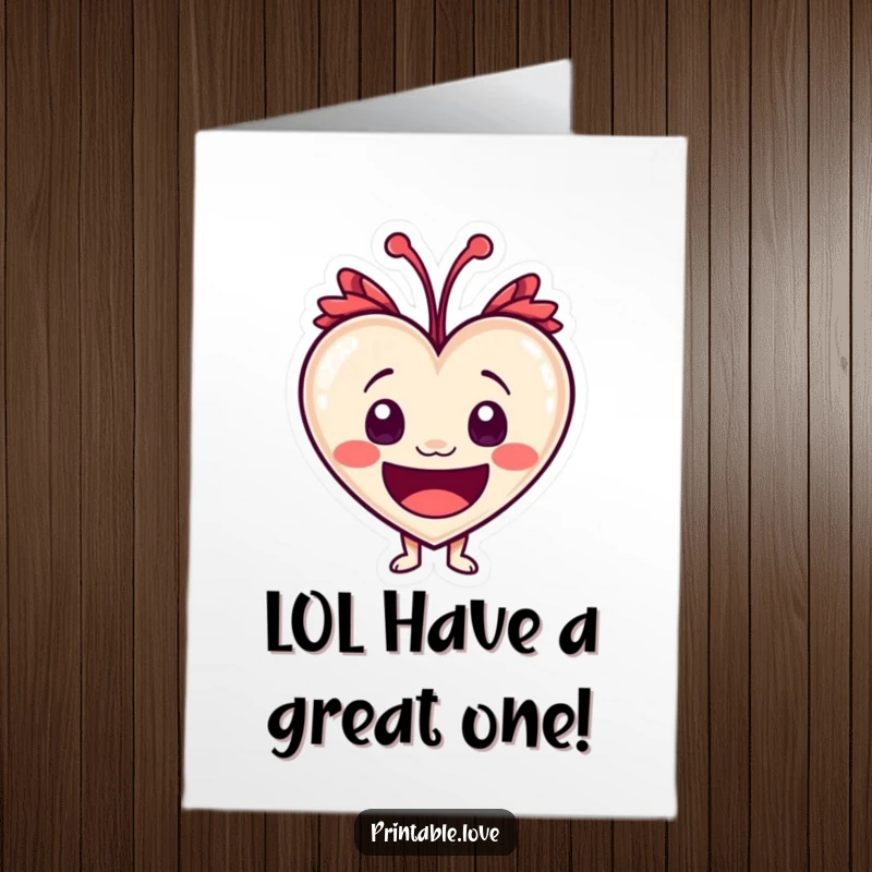 Funny Free Printable Birthday Card featuring a heart character with wide eyes bursting with laughter, perfect for sending comedic birthday wishes.