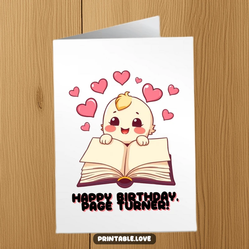 Funny Free Printable Birthday Card: A joyful book character with hearts flying from its pages, sharing love and stories.