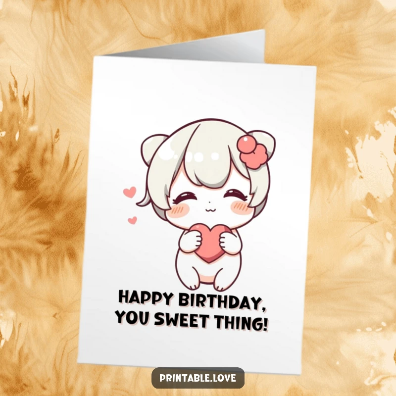 Funny Free Printable Blushing Heart Character Birthday Card shyly pushing a heart forward, offering warm birthday wishes with a blush.