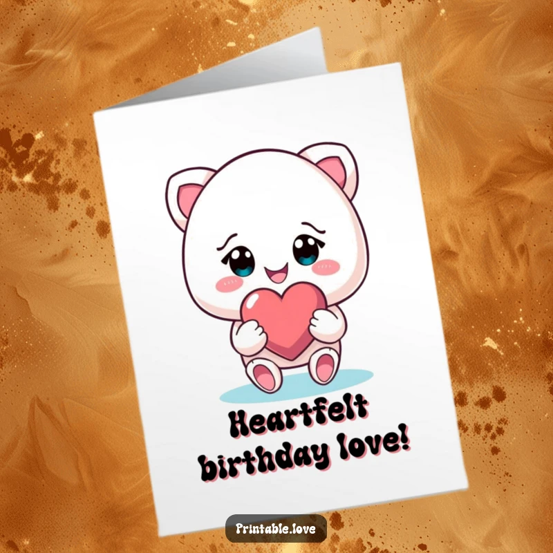 Funny Free Printable Birthday Card: Smiling character with beaming eyes, gifting a glowing heart, celebrating a birthday.