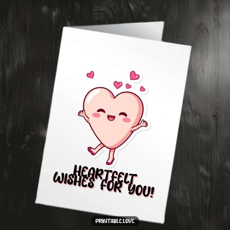 Funny Free Printable birthday card: A joyful heart character happily twirls with delight, celebrating a special day.