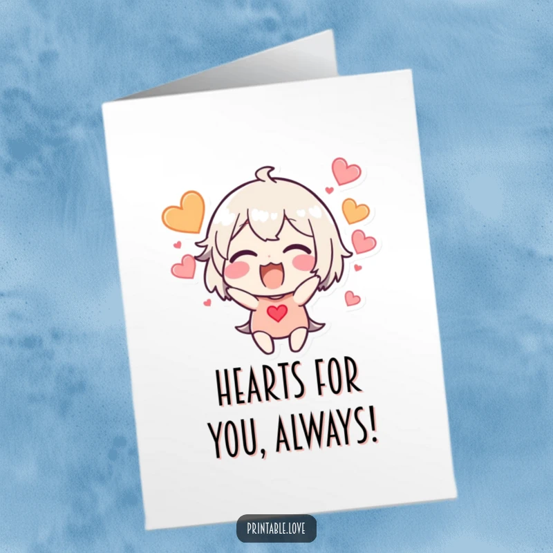 Free Printable Birthday Card: Excited character with hearts bursting around their head to celebrate a birthday.