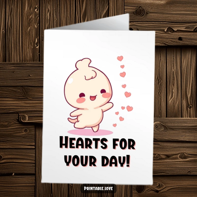 Funny Free Printable Birthday Card: A happy character walks, leaving a trail of small floating hearts behind.