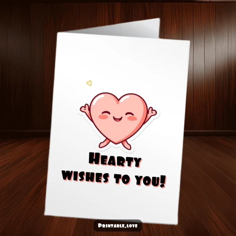 Funny Free Printable Birthday Card featuring a tiny heart character with blushing cheeks jumping joyfully, radiating pure birthday excitement and fun.