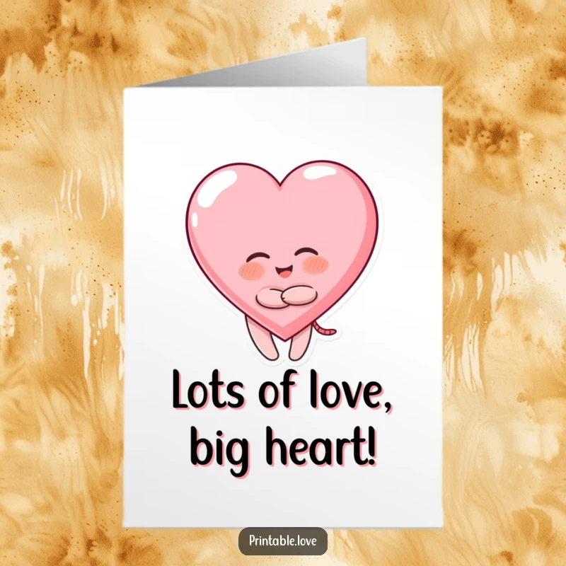 Free Printable Birthday Card: Giggling character hugging a large heart, funny love-themed gift.