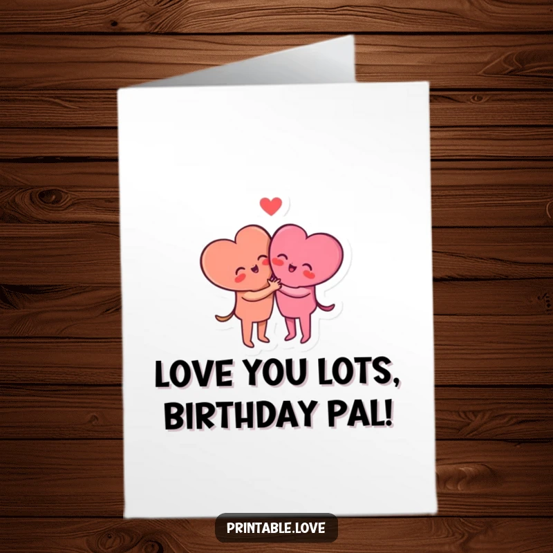 Funny Free Printable Birthday Card showing two small heart characters embracing in a warm, happy hug, conveying love and festive cheer.