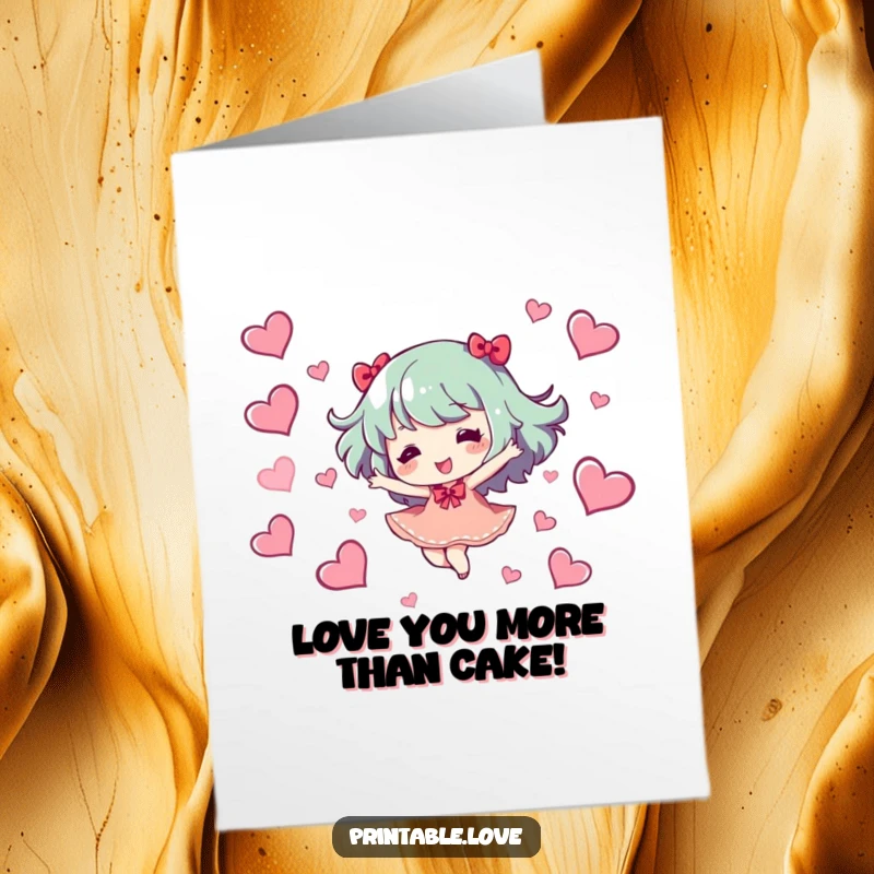 Funny free printable birthday card of a character joyfully dancing amidst a shower of hearts, spreading pure delight.