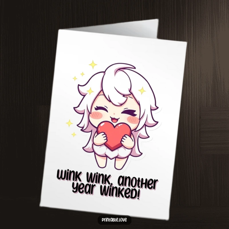 Funny Free Printable Sparkling Heart Character Birthday Card winking with a mischievous grin, holding a heart, ready for fun.